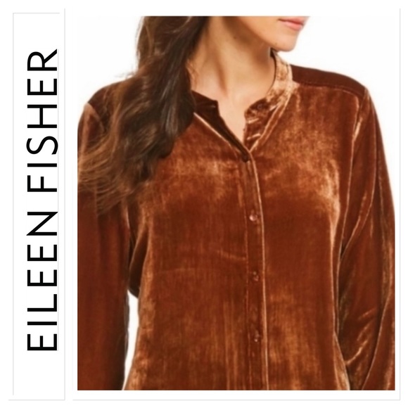 EILEEN FISHER Nutmeg Brown Mandarin Collar Long Velvet Tunic Shirt